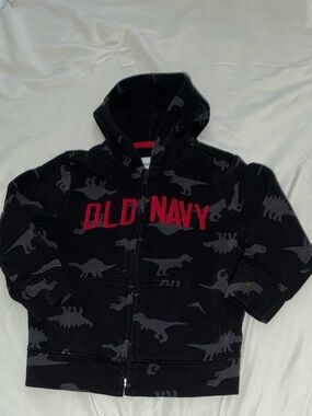 Old Navy Black Hoodie with Gray Dinosaurs and Red Logo